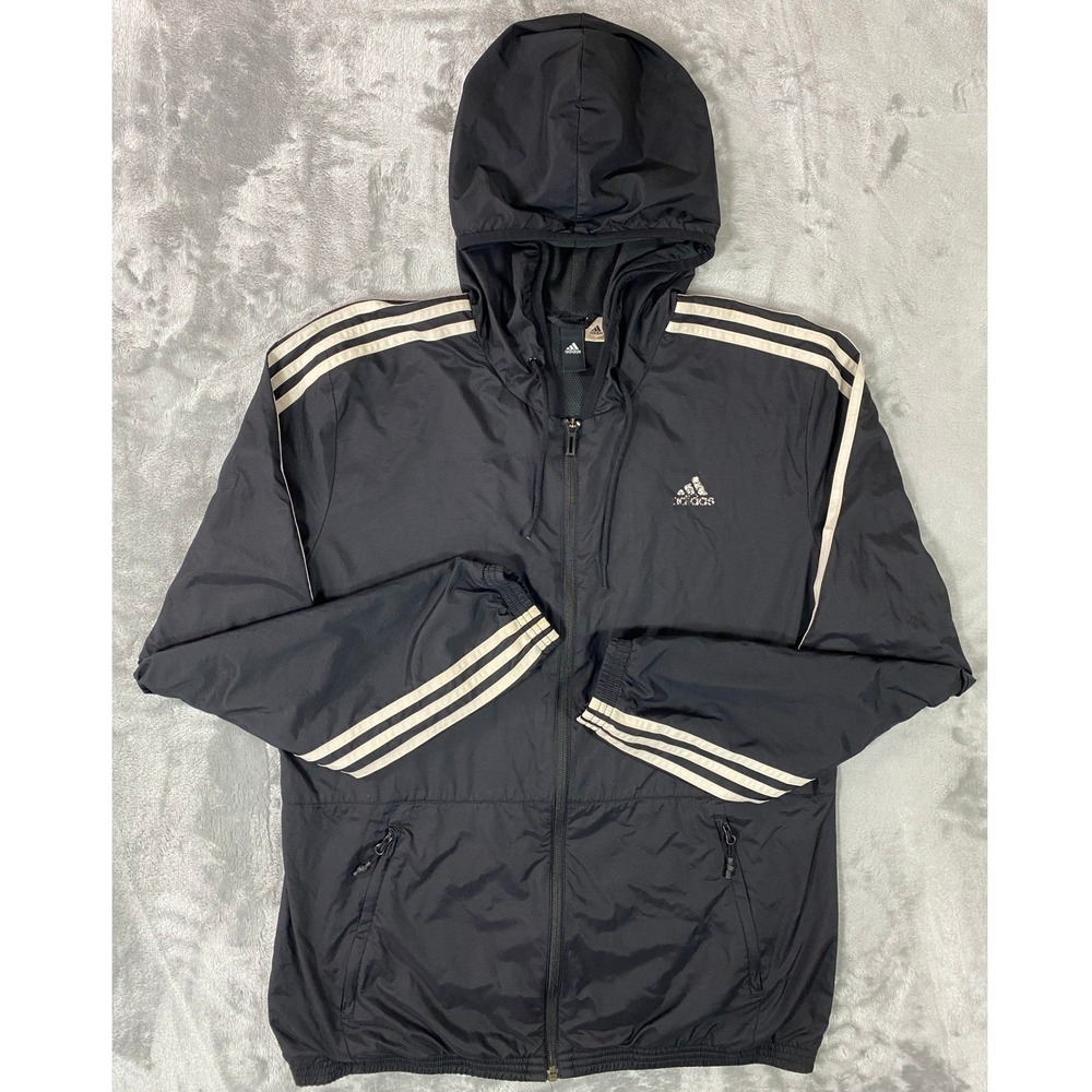 Adidas Windbreaker Mens Large Black 3-Stripe Hooded Full Zip Jacket BS22232